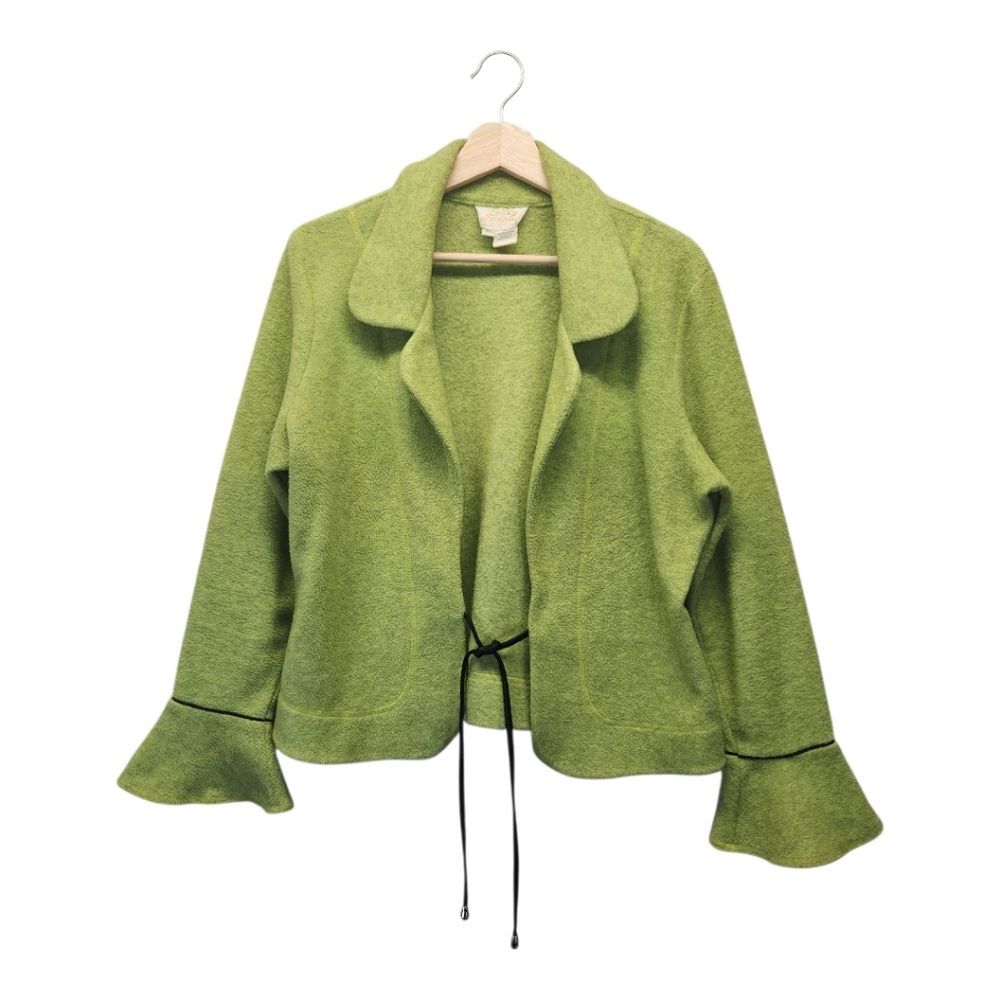 Vintage Green Fleece Open Front Jacket w/Flounce Cuffs & Ties LARGE Made in USA